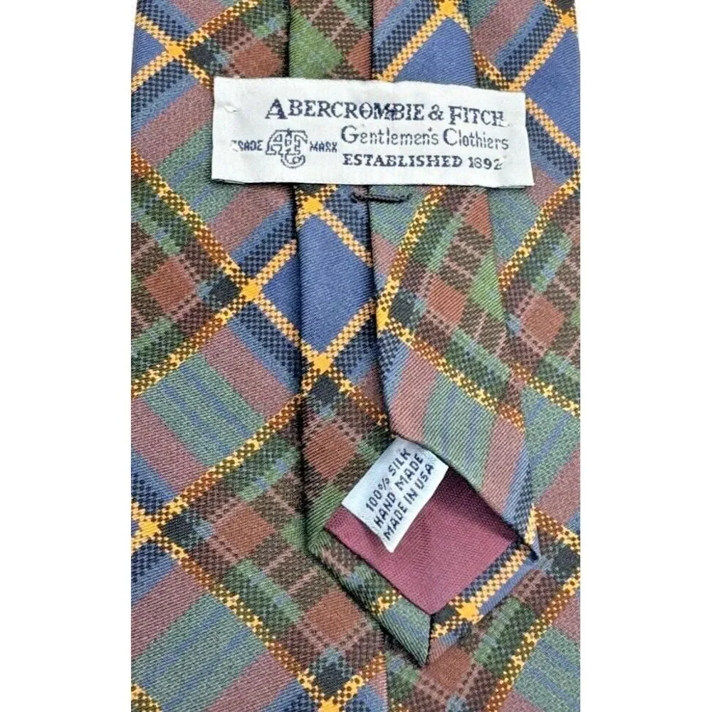 Abercrombie &‎ Fitch 100% Silk Tie Men VINTAGE Green Plaid 59